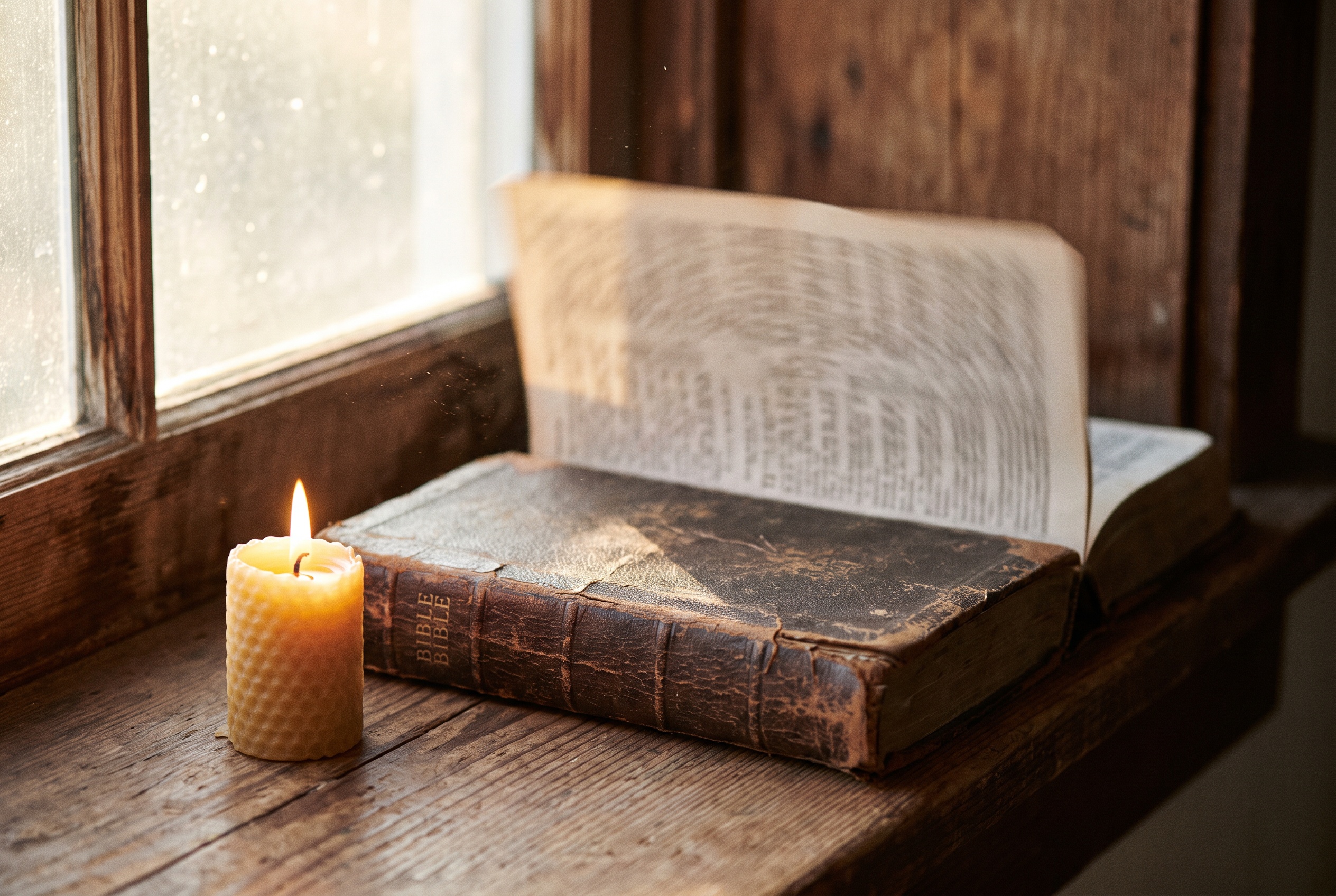 A leather-bound Bible open on a windowsill beside a lit candle in morning light