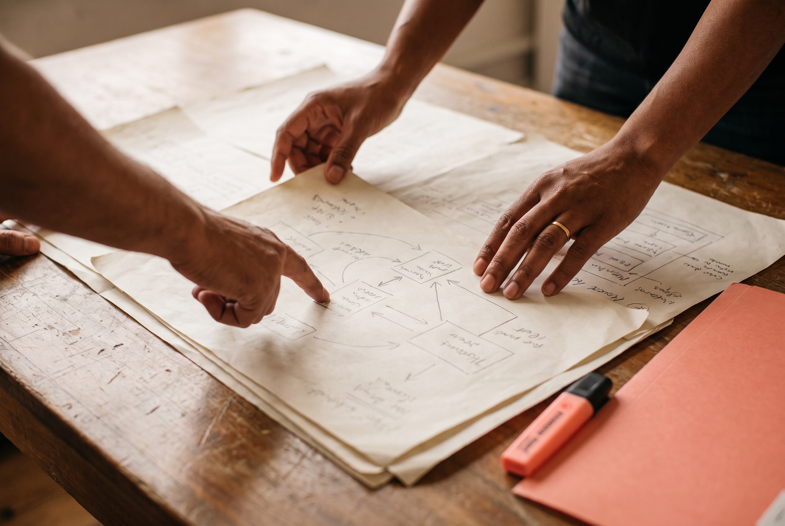 Two people's hands assembling a paper framework structure
