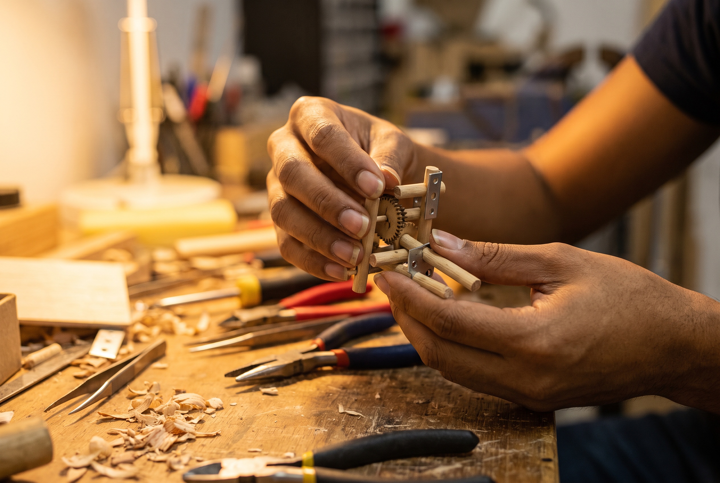 Hands assembling a small wood and metal prototype on a workbench