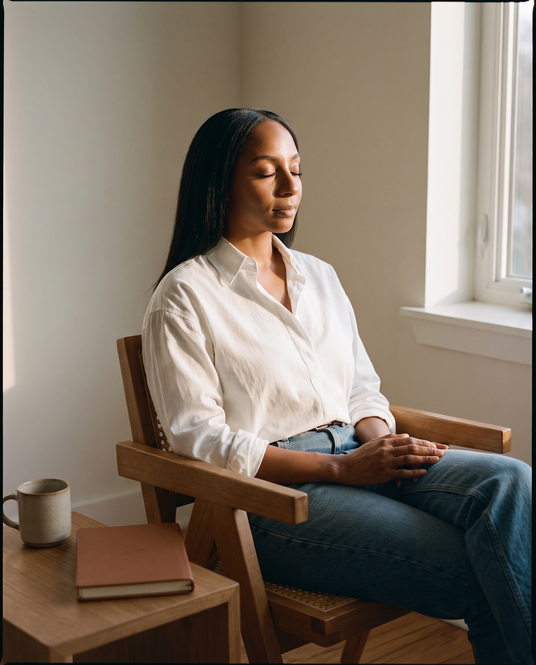 Markesha sitting alone in quiet early morning light, eyes lowered, a closed journal beside her