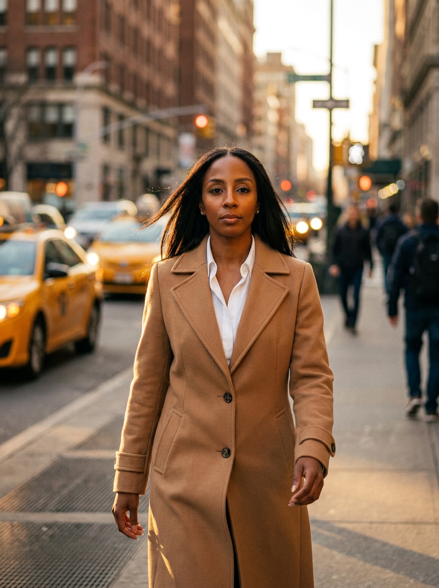 Markesha walking a city street, hair moving, looking forward.