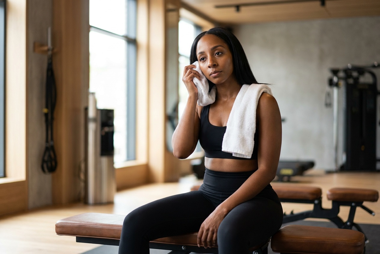 Markesha resting between sets in a boutique gym, towel in hand, calm and focused.