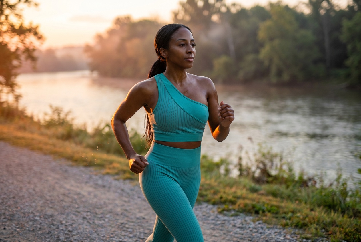 Markesha running outdoors along a riverside path at sunrise.