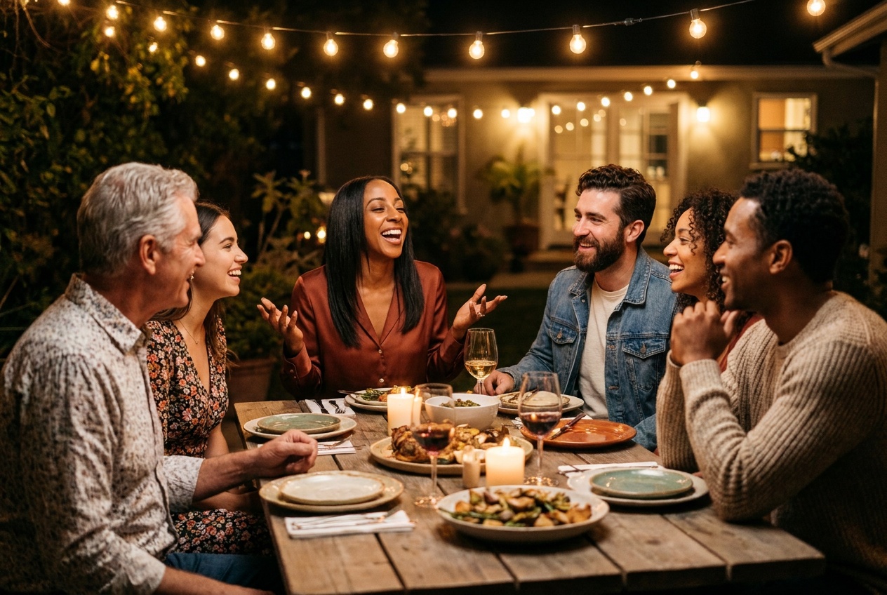 A small dinner table of diverse people in genuine conversation.