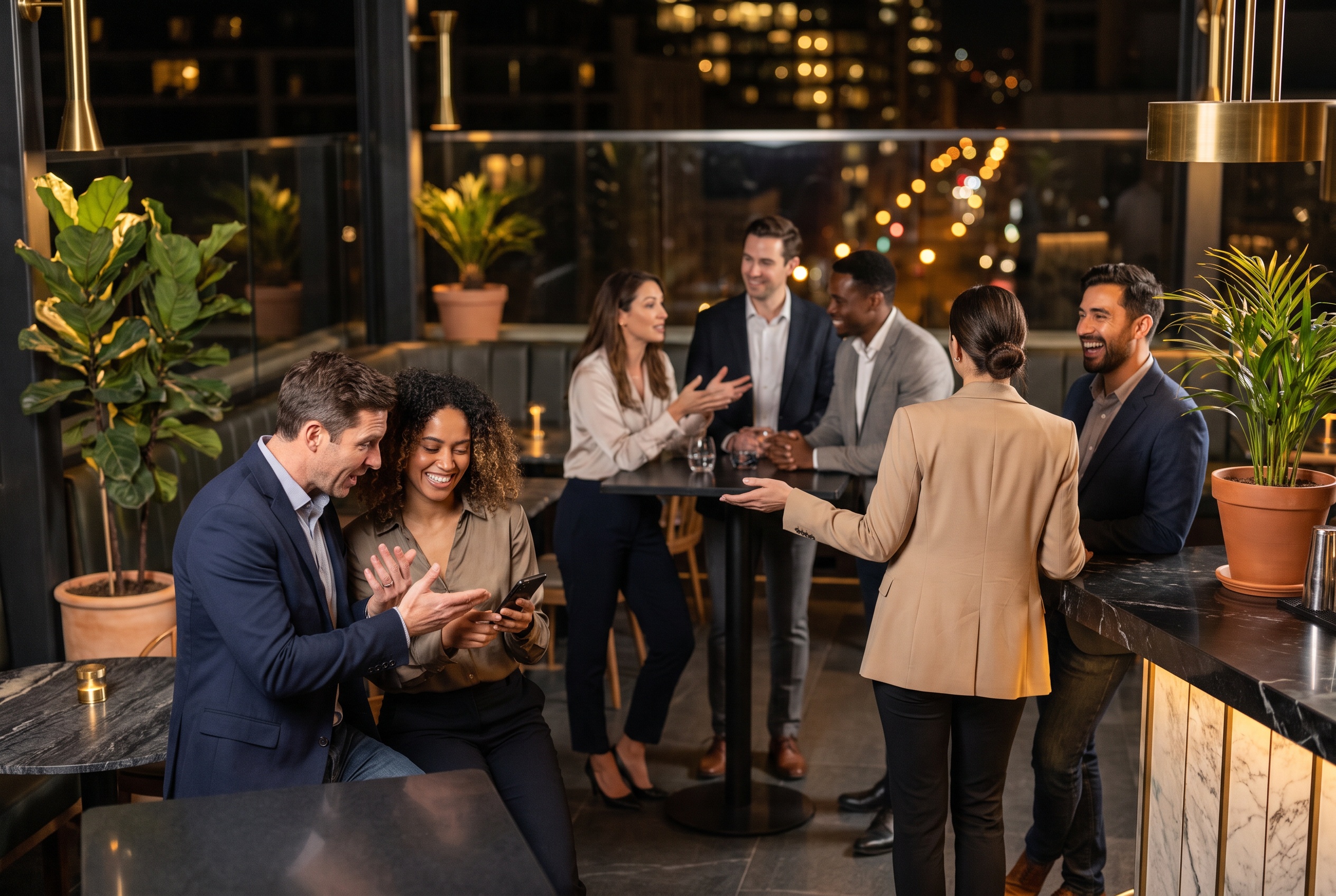 Small groups of diverse professionals in genuine conversation at a warmly lit RLX gathering, no one posing for the camera