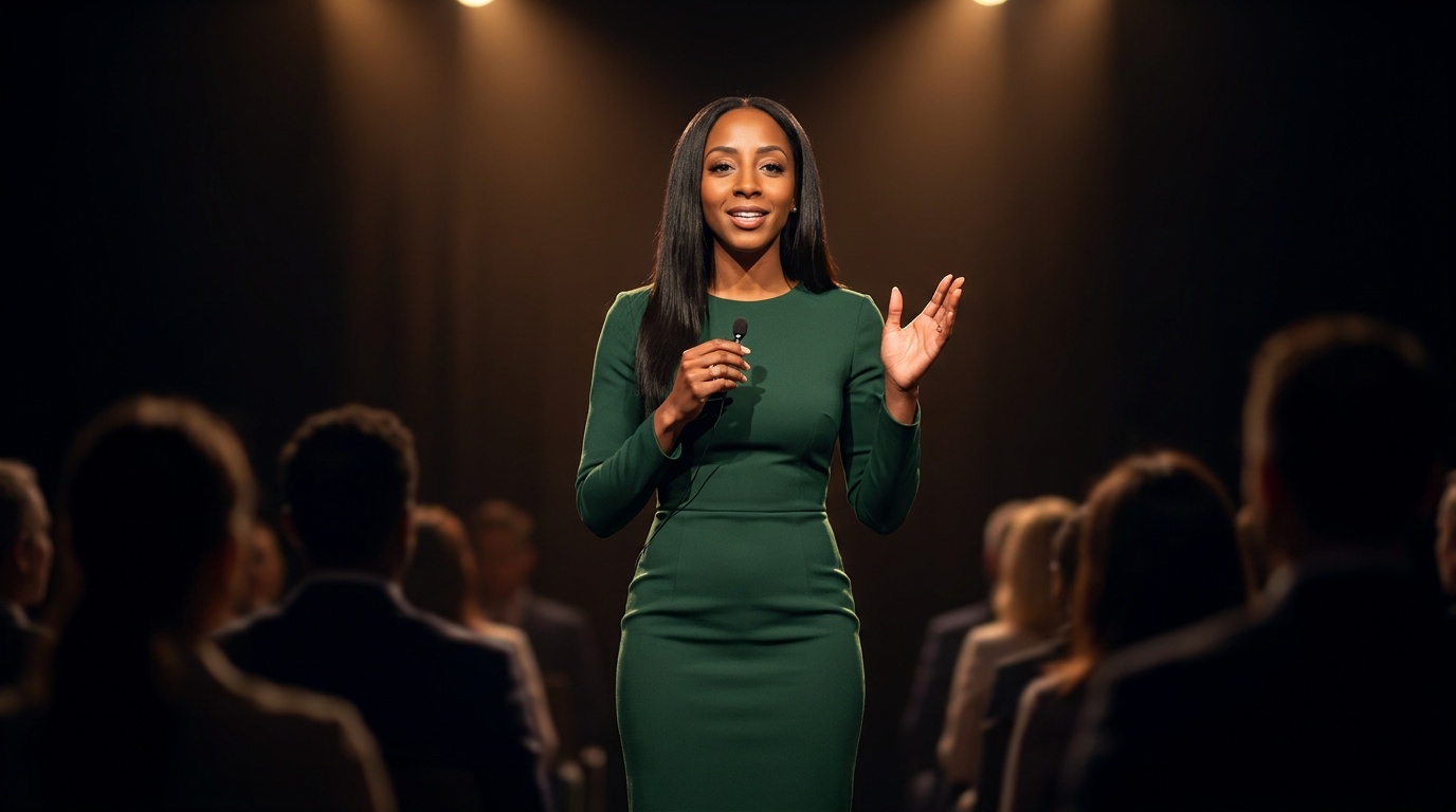 Markesha speaking on stage to an attentive audience, mid-gesture.