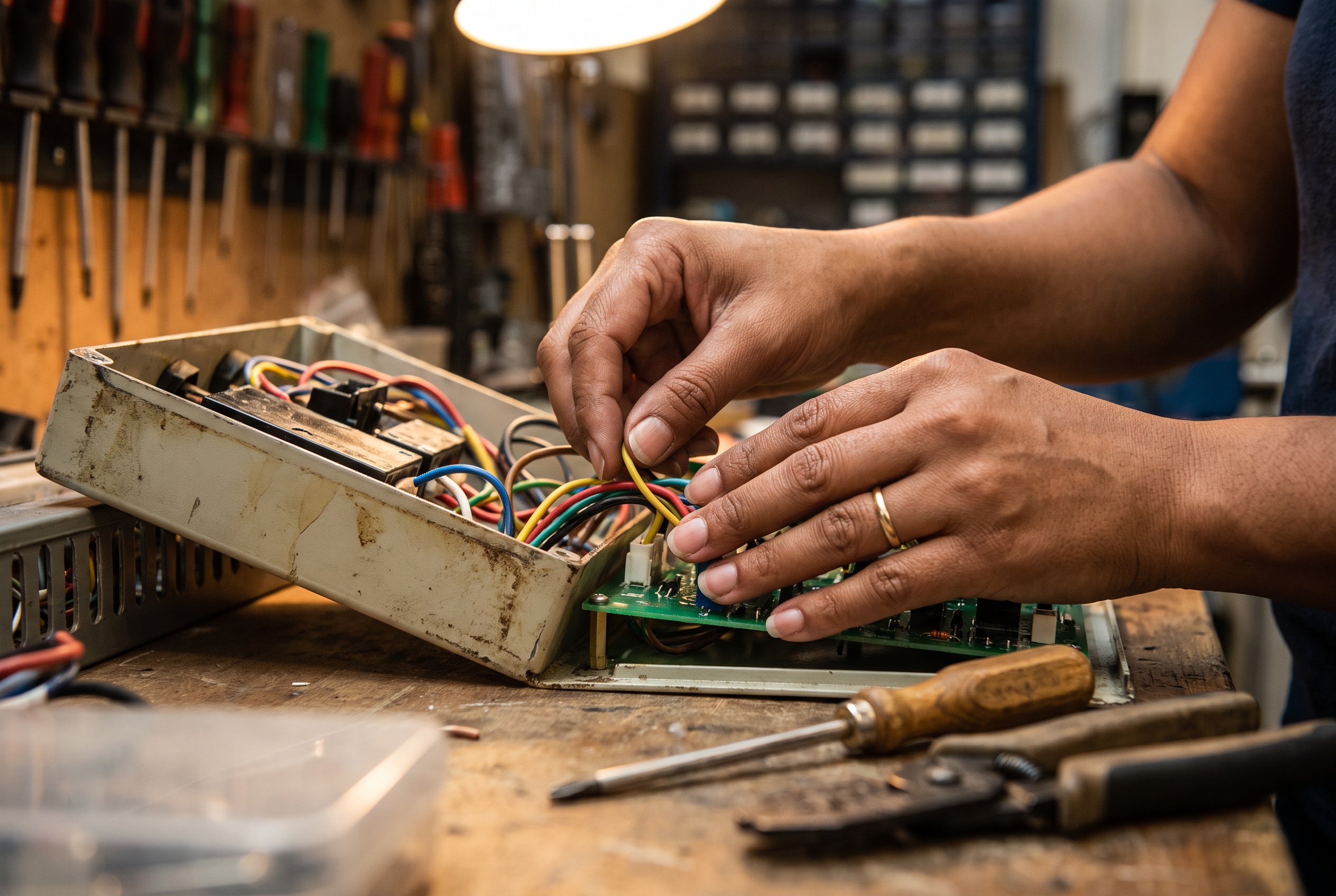 Hands adjusting wiring inside an open electrical panel, workshop light