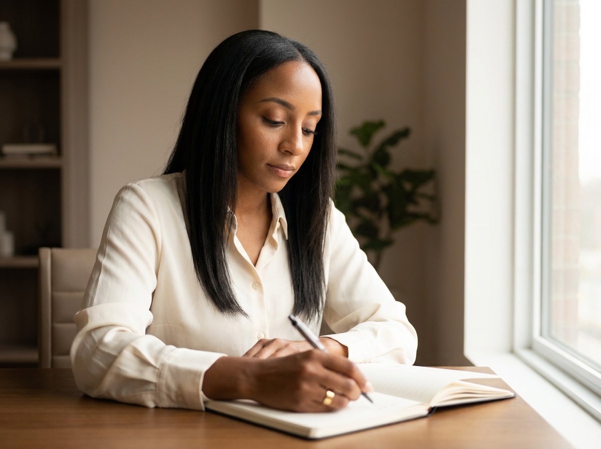Markesha writing alone at a desk beside a window, notebook open.