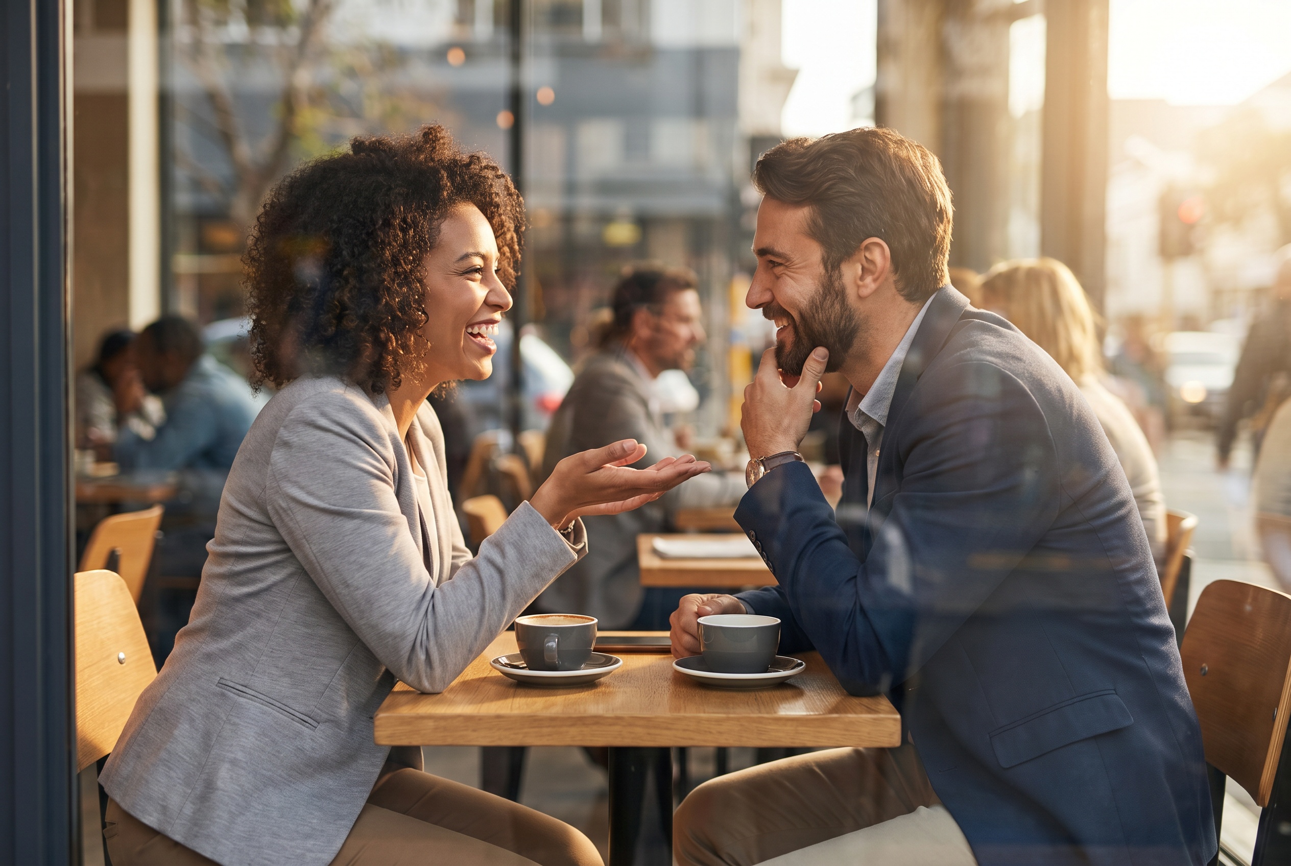 Two people leaning toward each other in conversation at a café table